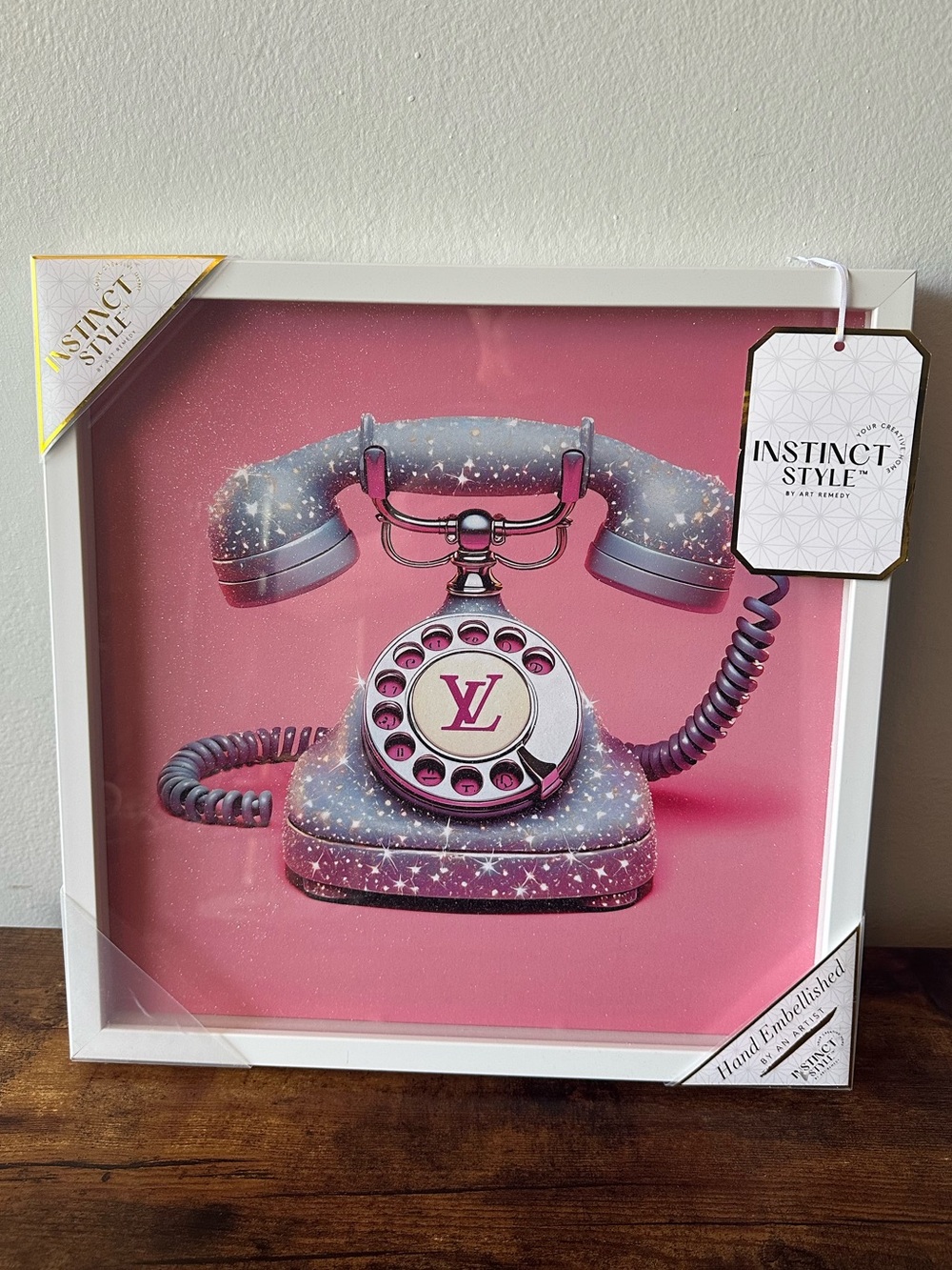 Luxury Designer Pink Retro Telephone Wall Art Decor with Shimmer White Frame NWT